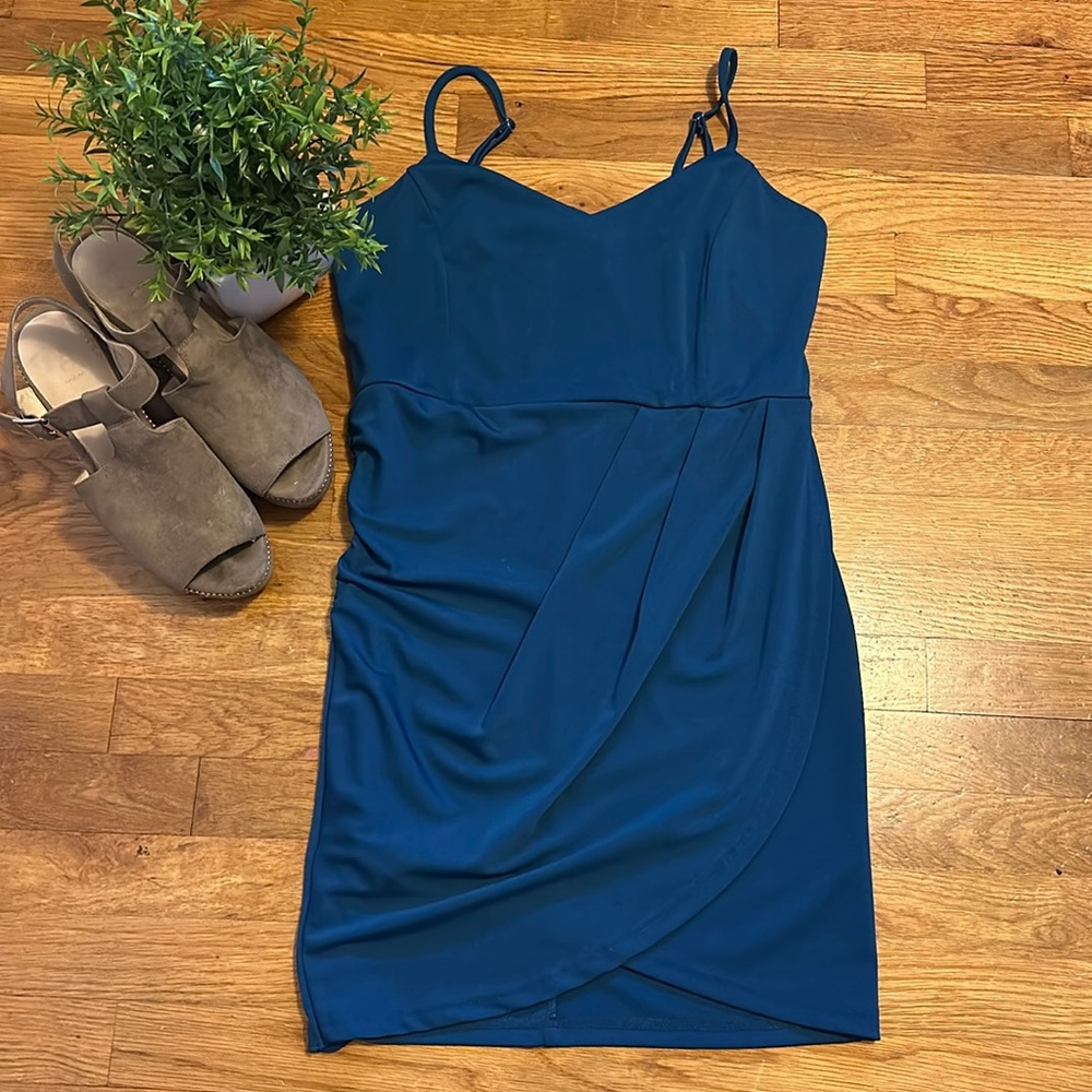 She show Women’s Large Blue Bodycon Draped Adjustable Spaghetti Strap Mini Dress